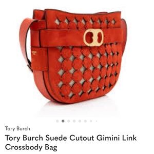 Tory Burch Orange-Red Suede Cutout Gemini Link Crossbody